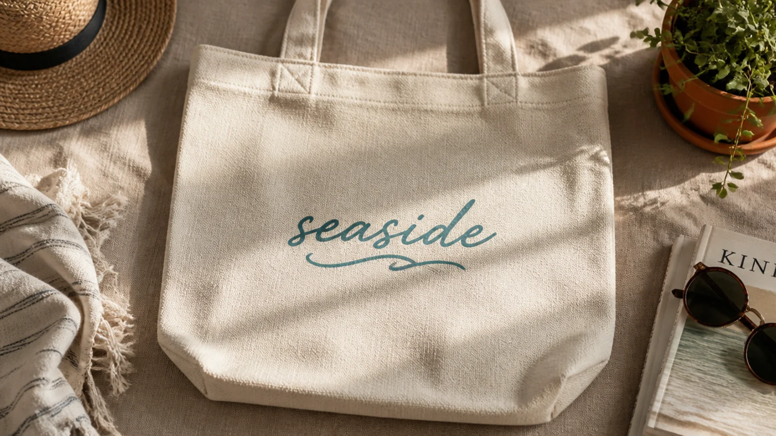 A cream canvas tote with a short seaside word in relaxed teal script with a small wave underline across the center.