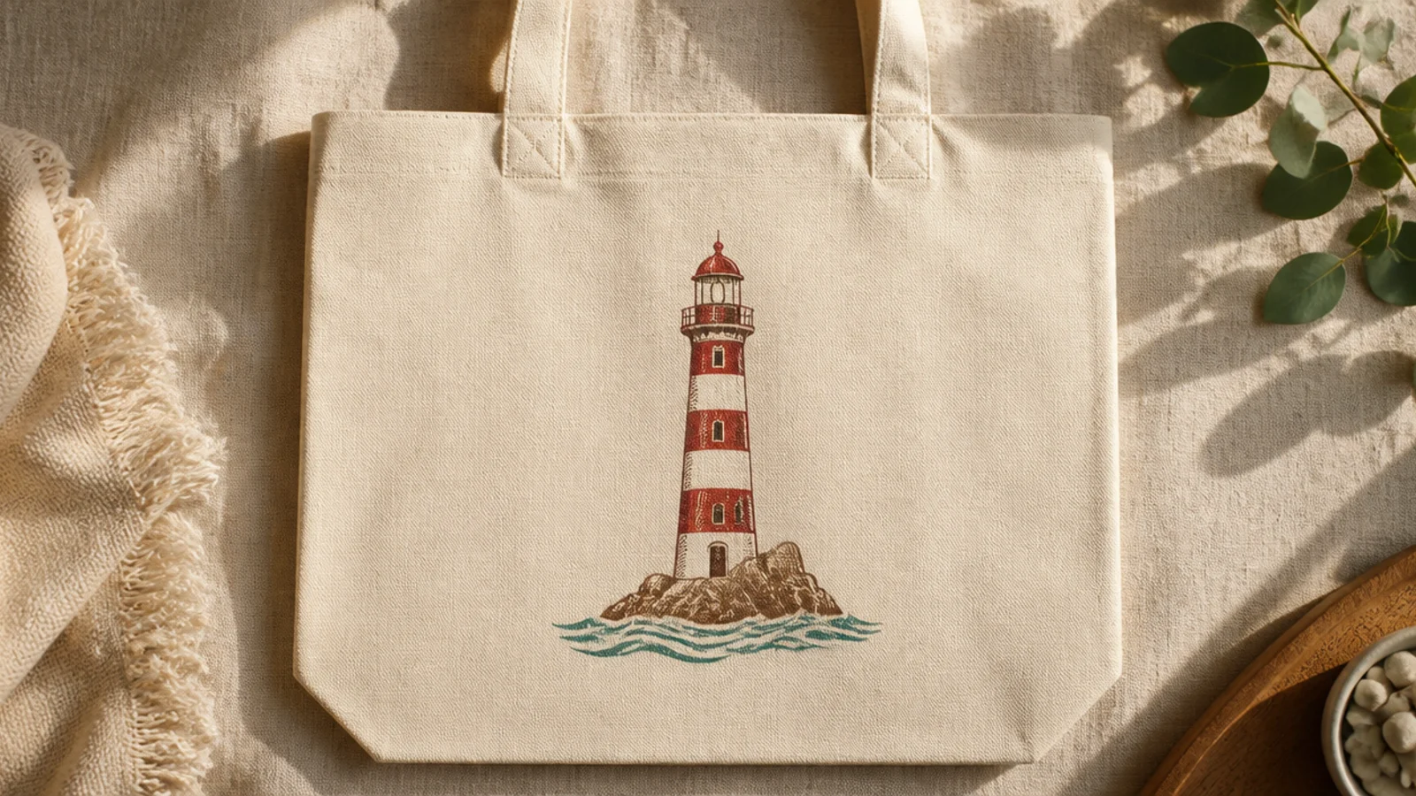A cream canvas tote with a red-and-white striped lighthouse on a small rocky base with a couple of teal wave lines below.