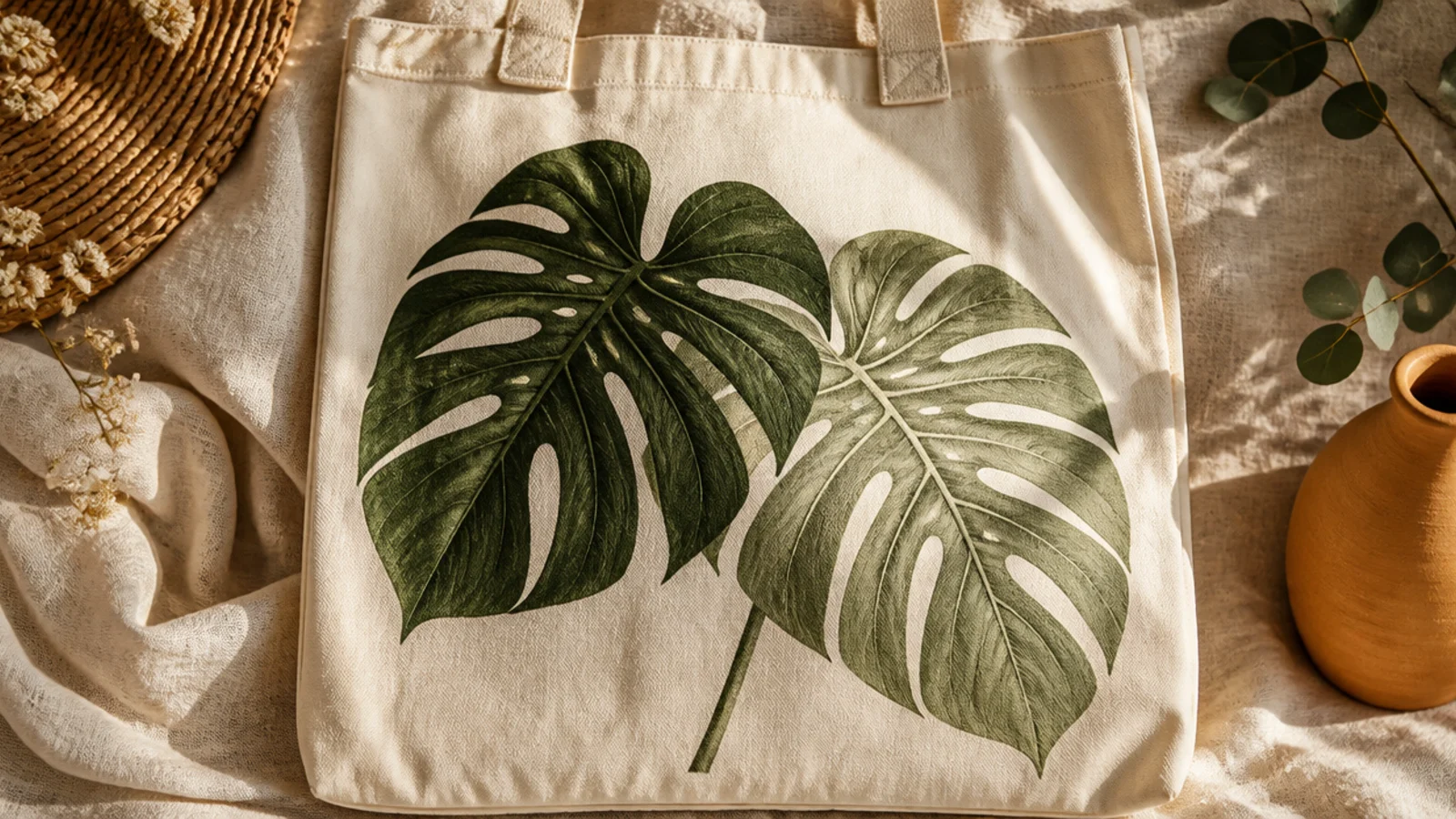 A cream canvas tote with two large split monstera leaves in deep and sage green overlapping on the front.