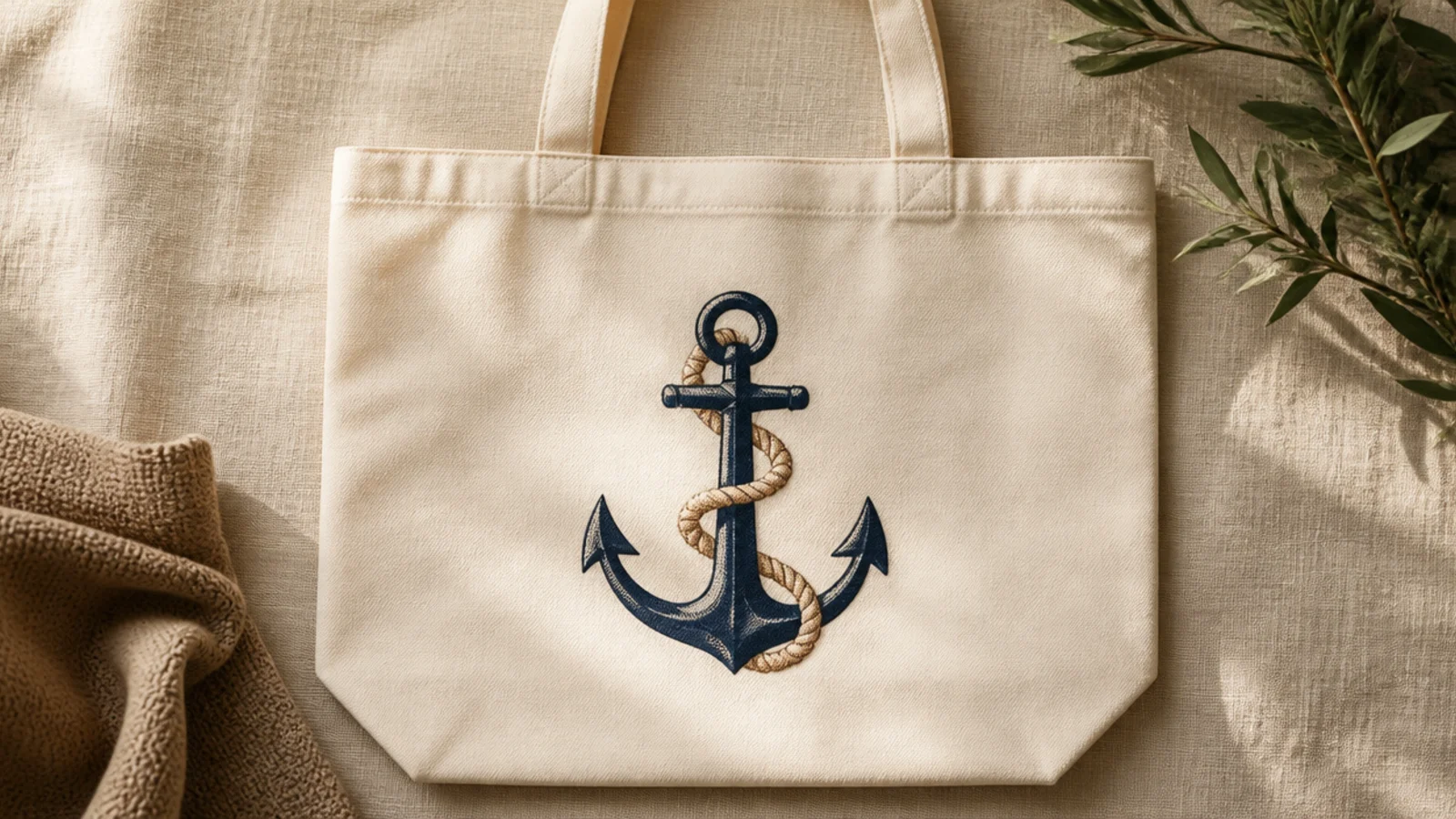 A cream canvas tote with a navy anchor wrapped by a twisting tan rope centered on the front.