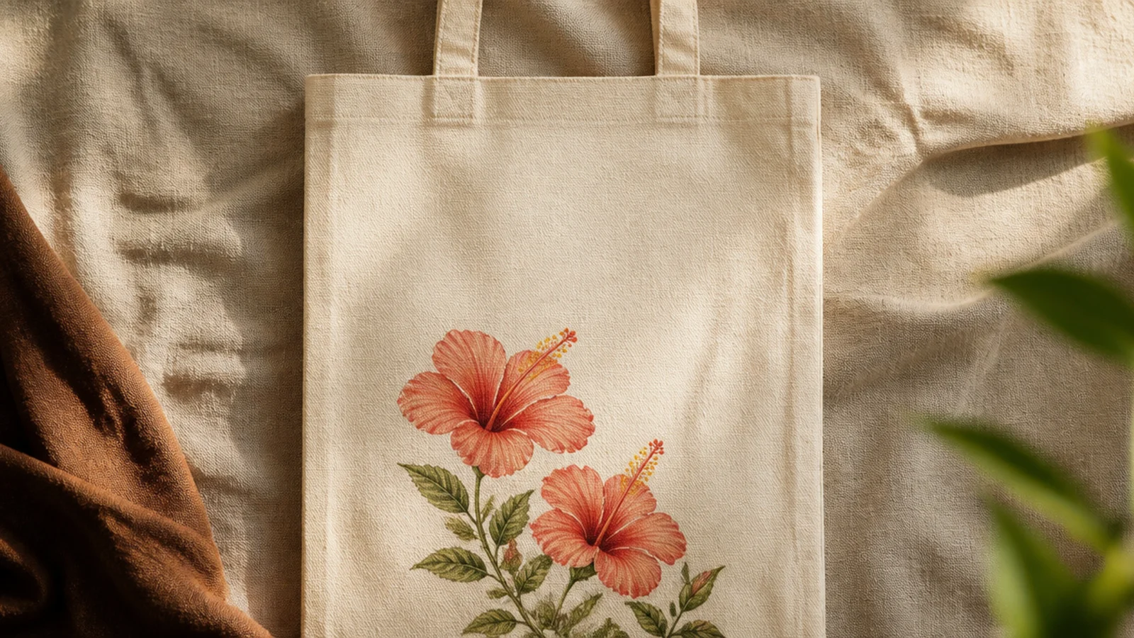 A cream canvas tote with two coral hibiscus flowers with long yellow stamens and green leaves on the lower front.