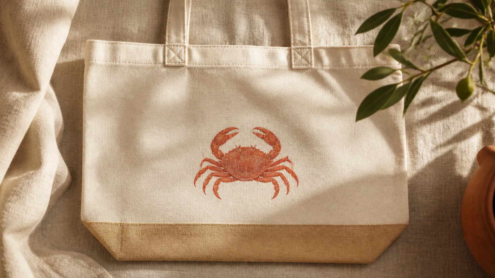 A cream canvas tote with a small coral-red crab with two claws and jointed legs on a strip of sandy tan.