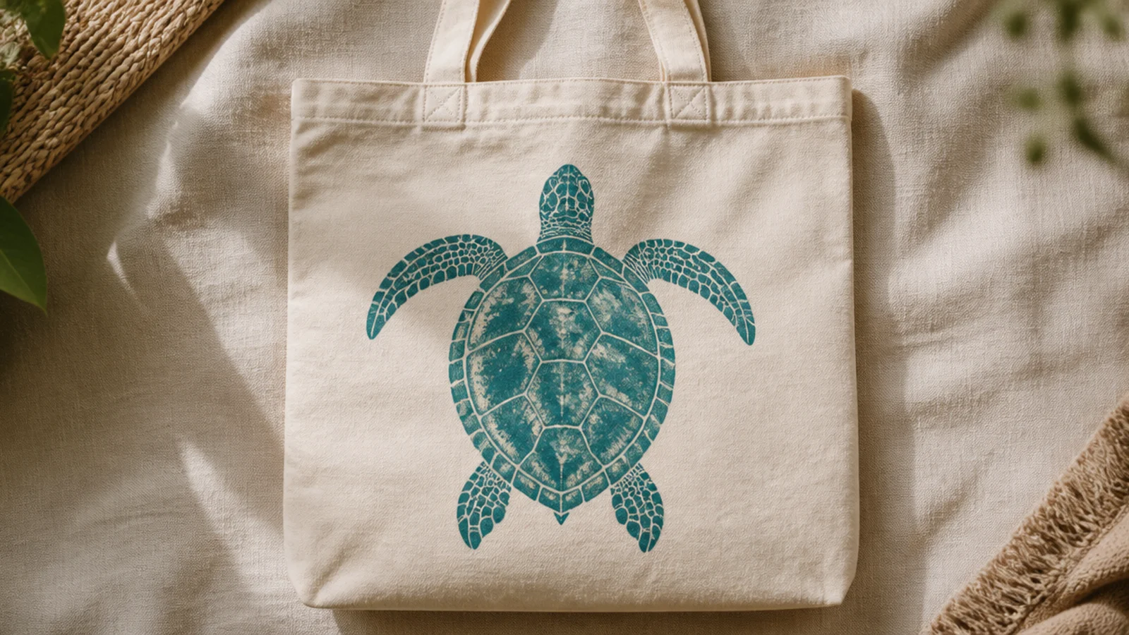 A cream canvas tote with a teal sea turtle seen from above, patterned shell and four flippers, gliding across the front.