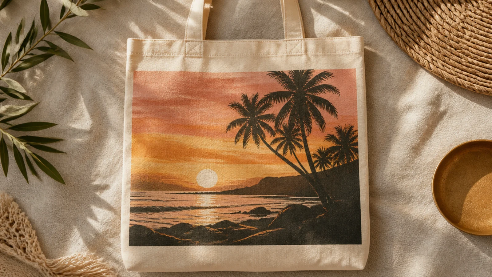 A cream canvas tote with a glowing sunset of coral and gold bands, a low sun, and a dark palm and shoreline silhouette.