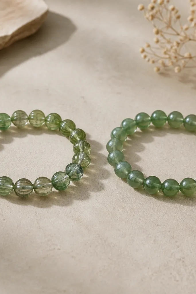 Two bracelets on a neutral tabletop. Left bracelet beads have faint ridges that catch the light; right bracelet beads look evenly rounded with a consistent shine, especially on the bead sides.