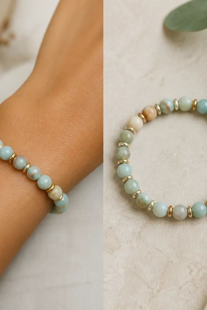Left bracelet sits twisted on a wrist photo; beads angle in a crooked line. Right bracelet lies flat with beads aligned and evenly spaced on a smooth elastic line.