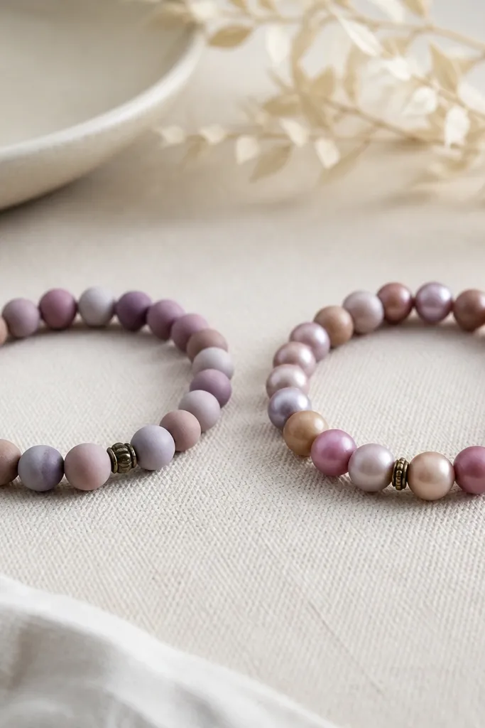 Two bracelets with similar colors: left beads are fully matte and look dry; right beads have a soft satin sheen that still looks craft-made but smoother.