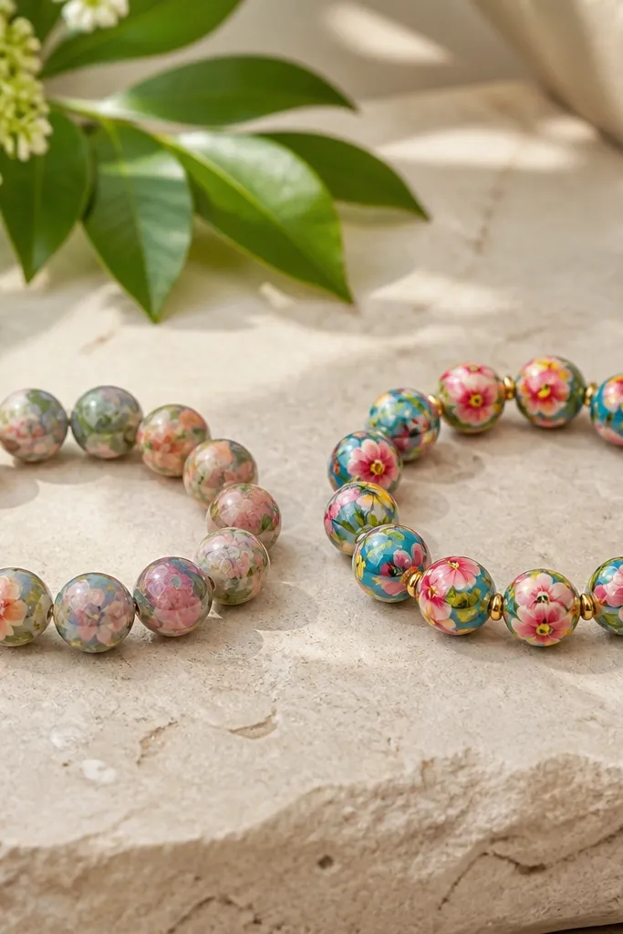 Left bracelet shows smudgy color near bead edges and dull spots; right bracelet has clean, crisp color boundaries and an even clear coat surface.
