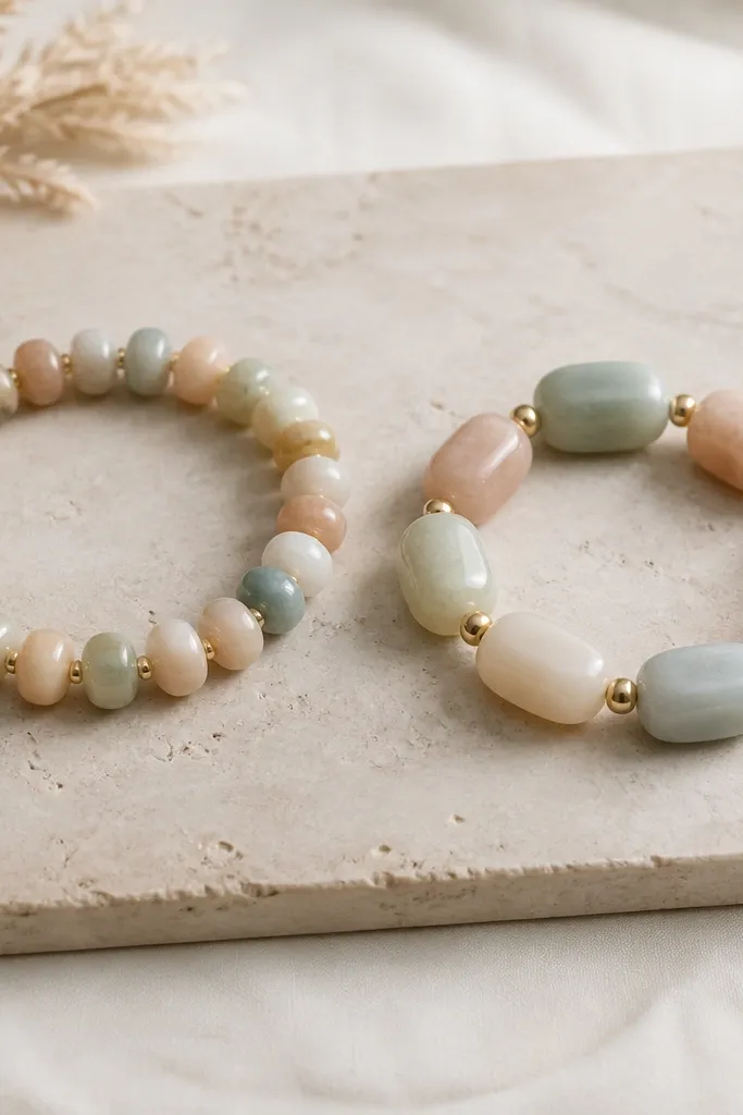Left bracelet uses too many small gaps between chunky beads and looks cramped; right bracelet has fewer beads with wider spacing and a balanced, wearable layout.