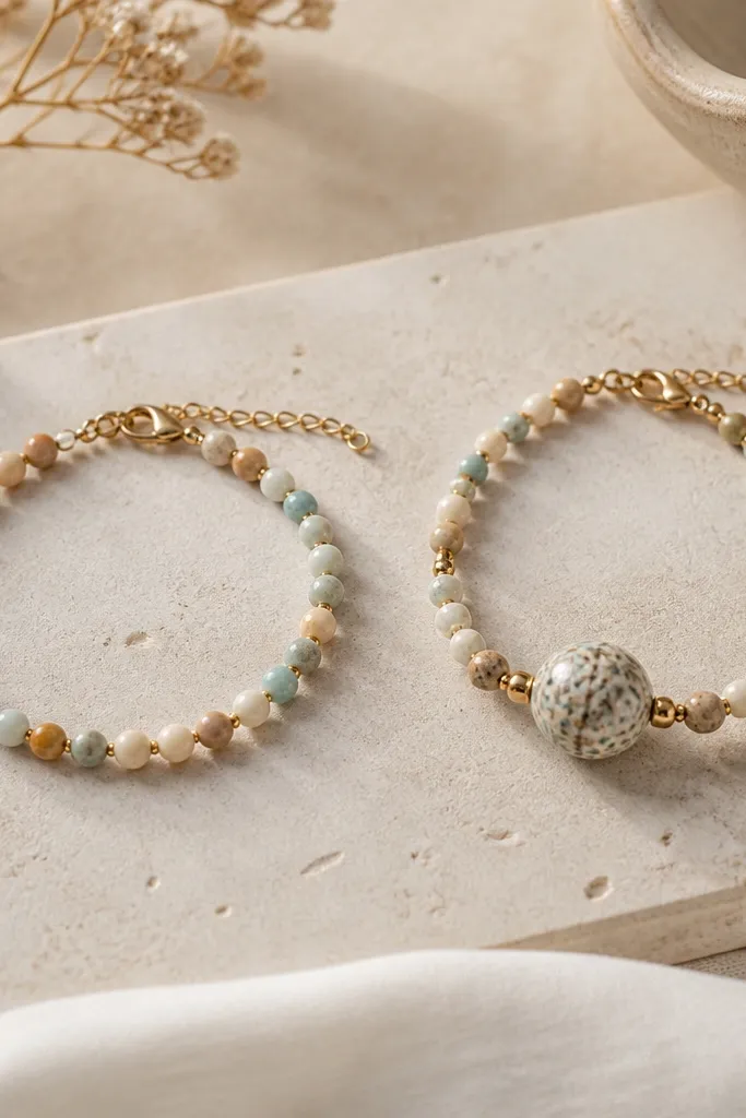 Two bracelets: left has evenly mixed beads with no standout piece; right has one large focal clay bead in the middle with smaller beads radiating outward, plus a subtle accent charm near the clasp.