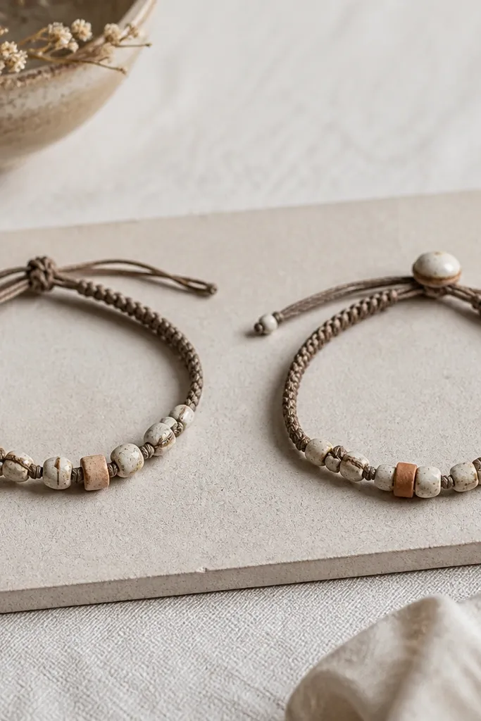 Left bracelet ends show a messy knot and uneven cord length; right bracelet has a neat knot hidden under a small clay bead cap and the cord ends are trimmed clean.