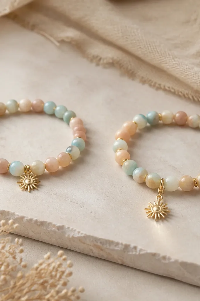 Two bracelets with the same bead colors. Left has a charm stuck too close to beads so it doesn't move; right has the charm hanging with a small gap and it swings slightly, catching light.