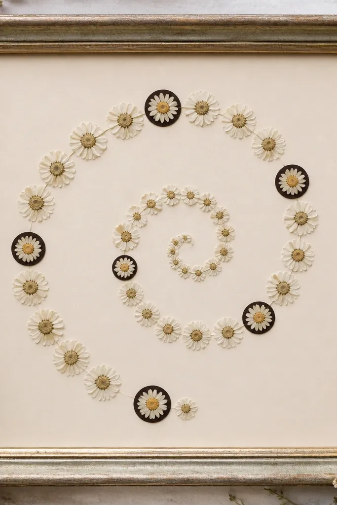 A flower frame with a cream mat and a neat spiral of small white pressed daisies. The spiral starts near the bottom center and curls inward, with a few yellow centers highlighted using darker backing behind each bloom.