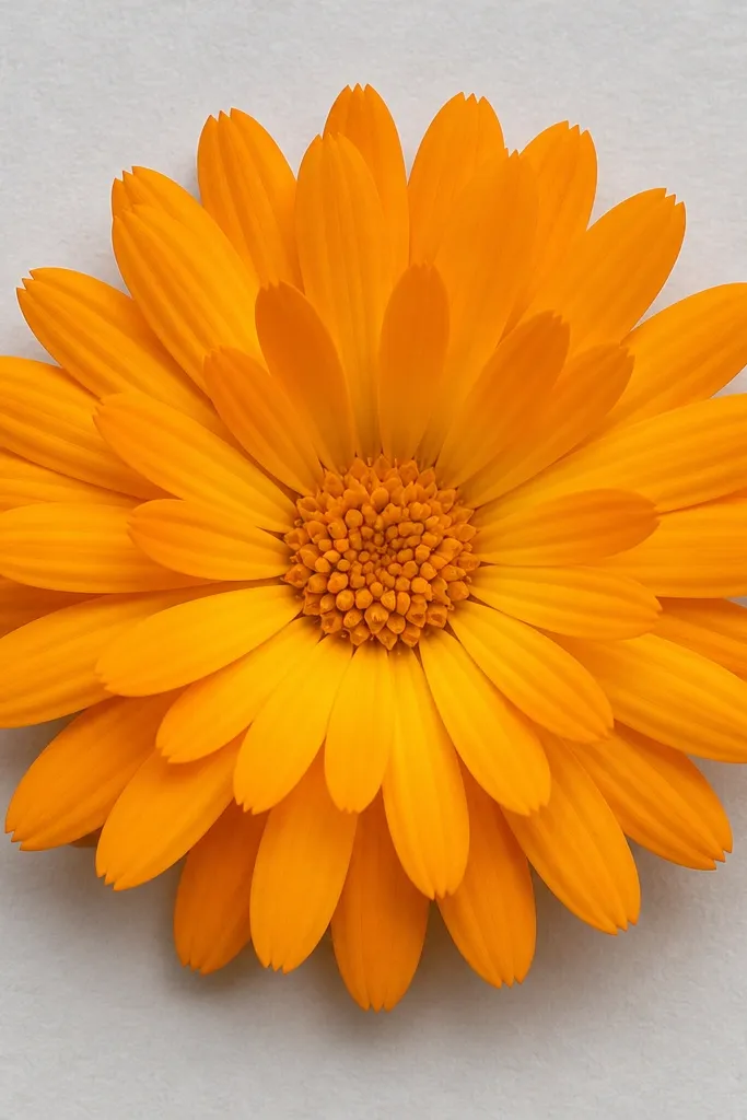 A frame showing golden-orange calendula petals radiating outward like a sunburst. The center has a tight cluster; the outer petals fan out with visible layering and clean edges, backed by light gray paper.