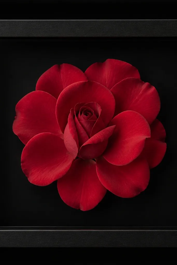 A frame with a black outer border and a clear window. Inside, a single red rose petal arrangement sits centered, with petals fanning outward and a few darker rose tips at the center. Background is deep black.