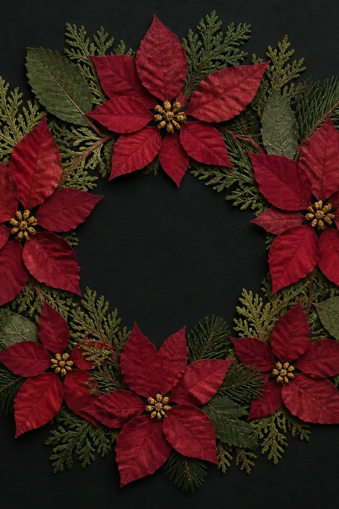 A holiday-themed flower frame with red pressed petals arranged like a poinsettia bloom. Evergreen-green pressed leaves sit between the red petals. Background is dark green-black, and the center has a small cluster of yellowish dried bits.
