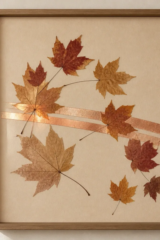 A frame featuring pressed maple-like leaves arranged in a loose arc. Two copper-toned accent strips sit behind part of the arc, making the leaves glow. Background is light tan paper.