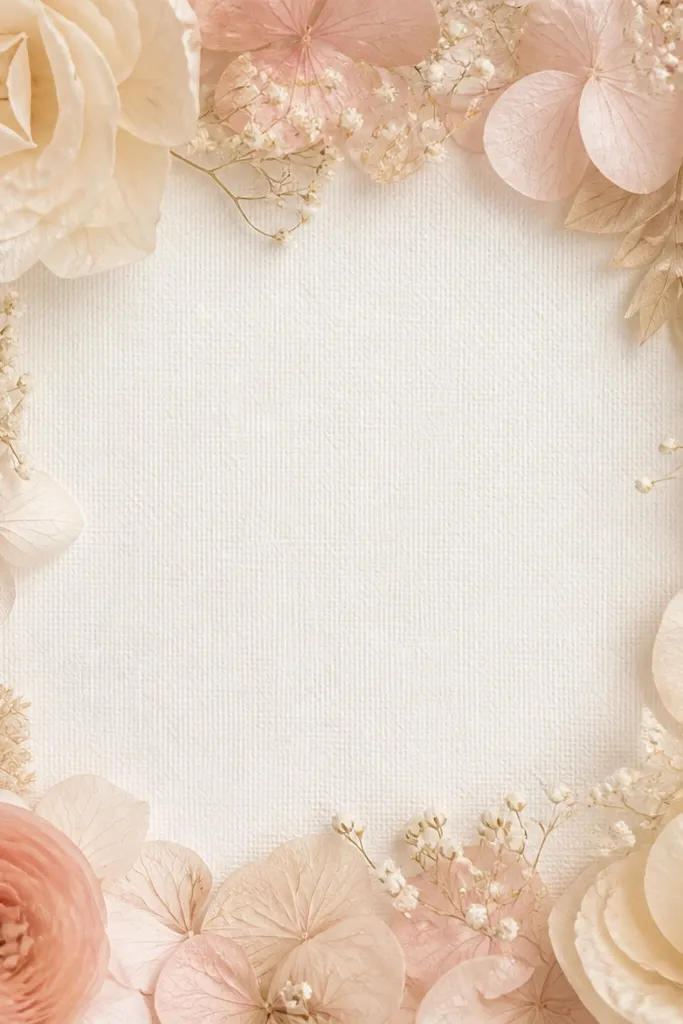 A pale blush and beige flower frame with layered petals and tiny sprigs. The background is off-white linen-like paper. The petals look semi-translucent, and the acrylic top shows minimal glare.