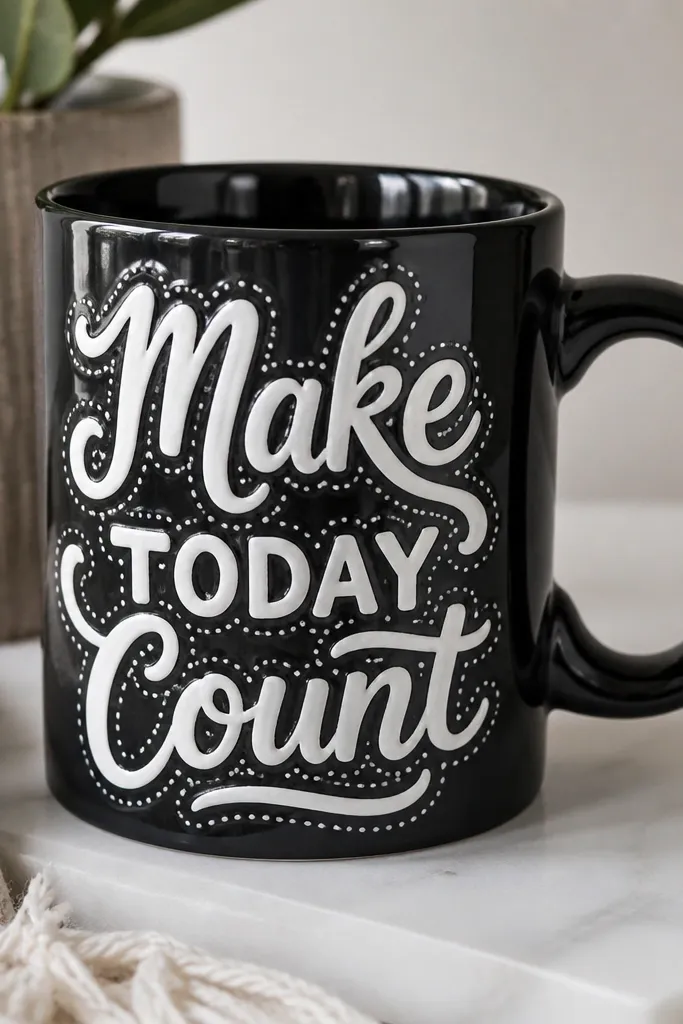 A black mug painted with bold white hand-lettering that reads like a short phrase. Tiny white dots sit along the letter edges like sparkle accents, and the whole design looks crisp and slightly raised under a glossy top coat.