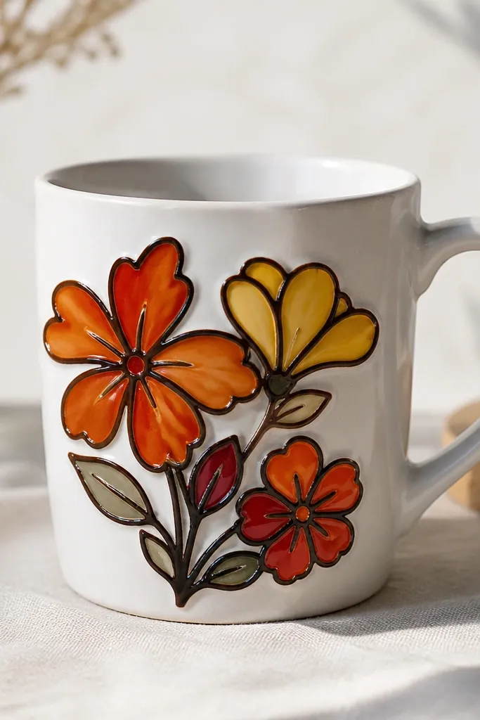 A white mug with a flower cluster outlined in dark brown/black lines. The petals are filled with semi-translucent orange, yellow, and red paint, and the outline looks slightly raised like stained glass leading.
