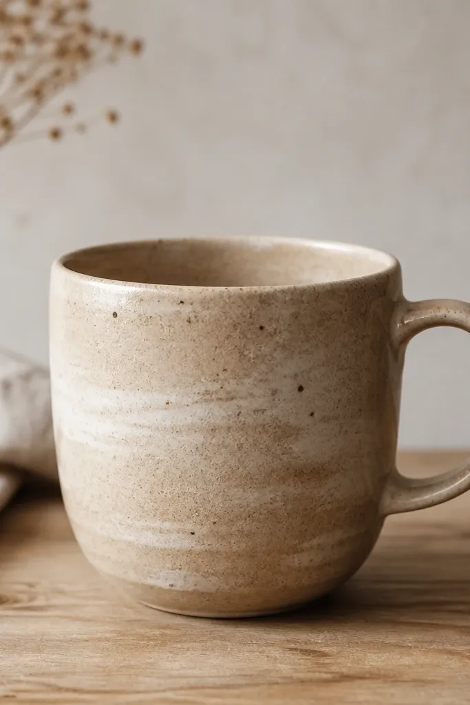 A warm beige mug with a speckled, clay-like texture. Soft white and tan strokes create a worn pottery feel, with tiny dots scattered across the surface and a satin finish overall.
