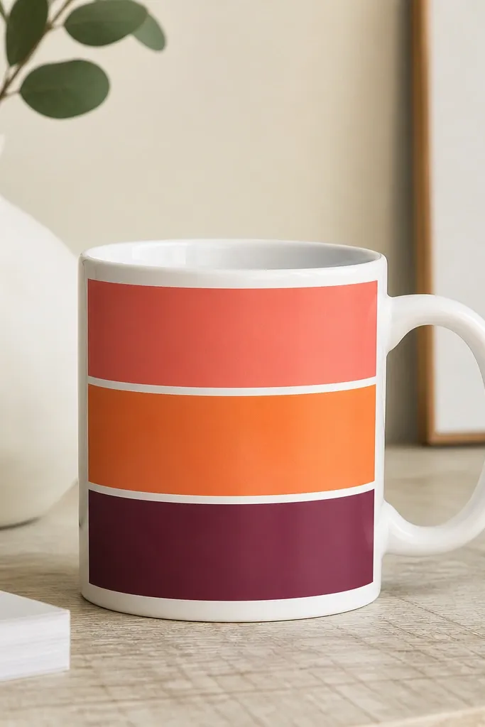 A white mug with three geometric sunset bands: coral, orange, and deep plum, separated by razor-straight white lines. The edges are crisp, and there's a clean sheen across the design.