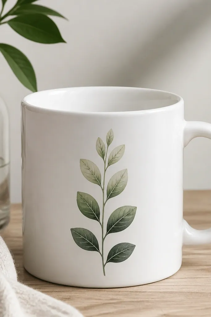 A white mug with a single sprig of leaves running vertically. Leaves have a two-tone fade: darker green at the base and lighter green toward the tip, with fine veins drawn in a darker shade.