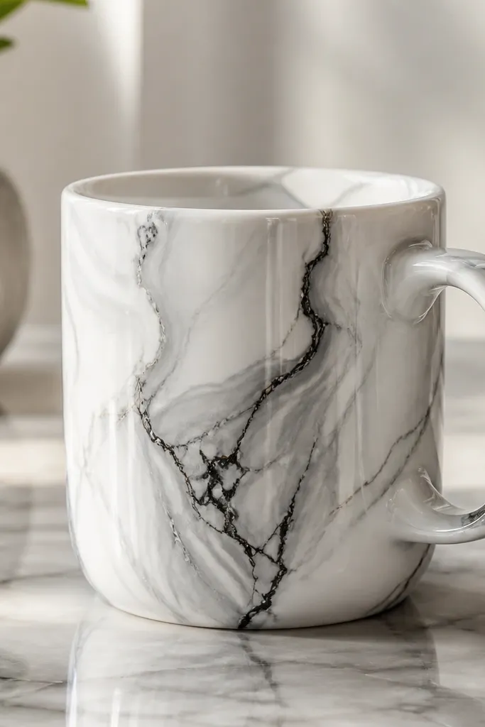 A white mug painted with gray marble swirls. Black veins thread through the gray like stone, and the overall surface has a glassy shine under a clear top coat.