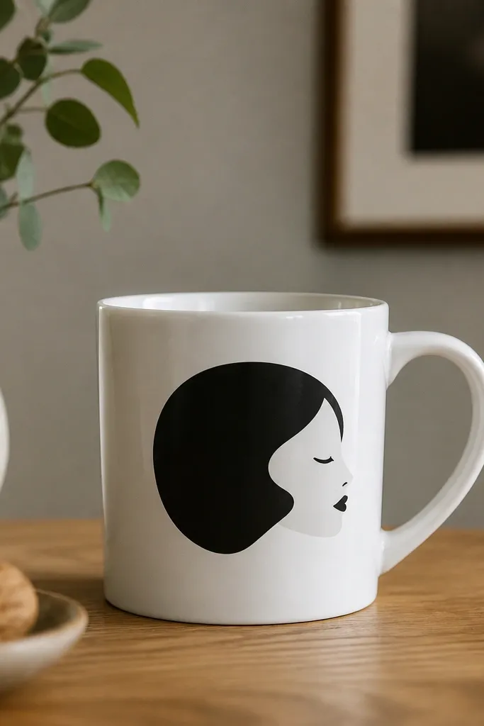 A white mug with a simple black-and-white face silhouette and a few small facial features. The design looks like a decal, with clean edges and a subtle glossy finish around the art.