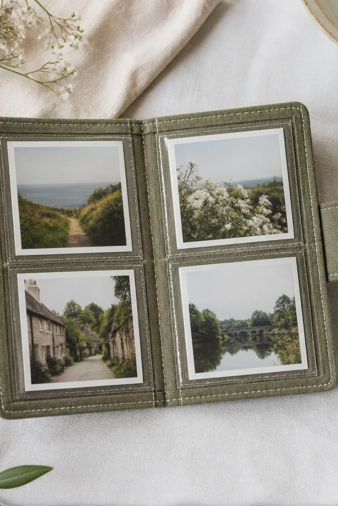 A small handmade photo pocket book made from fabric with visible neat topstitching, four clear photo pockets, and a snap closure centered on the cover; the photos inside are aligned and slightly spaced.