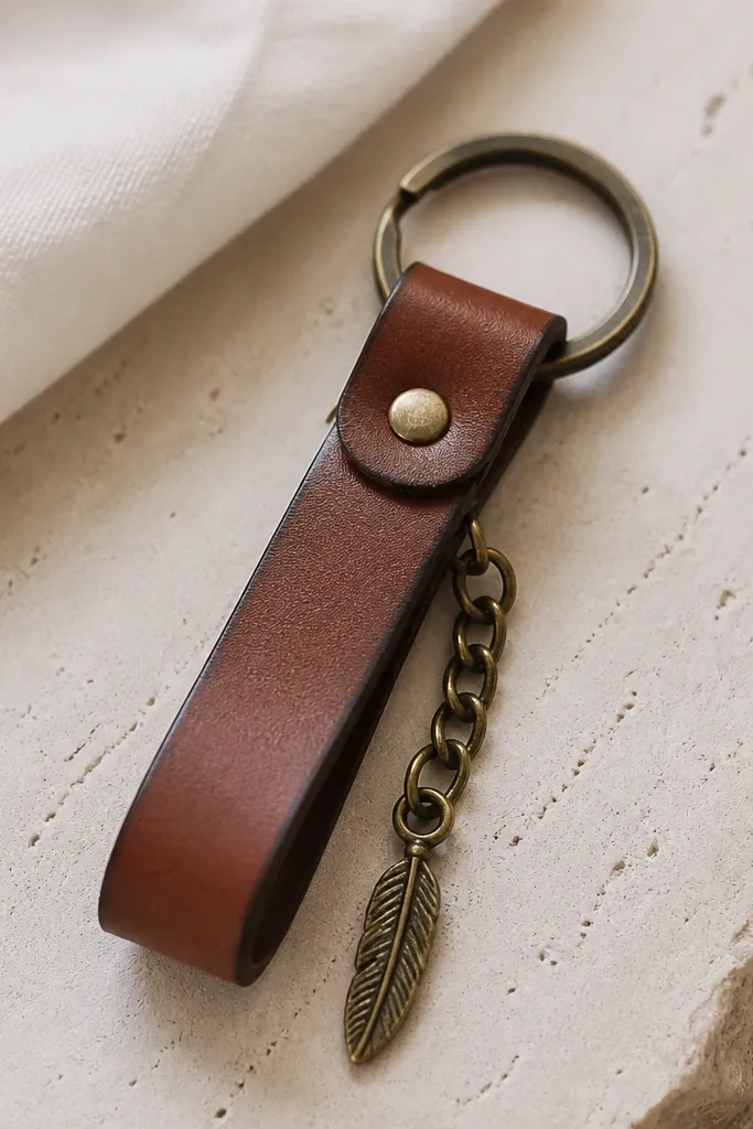 A handmade keychain with a leather strip wrapped around a metal split ring, a single small charm hanging from a short chain, and neat edge paint on the leather.