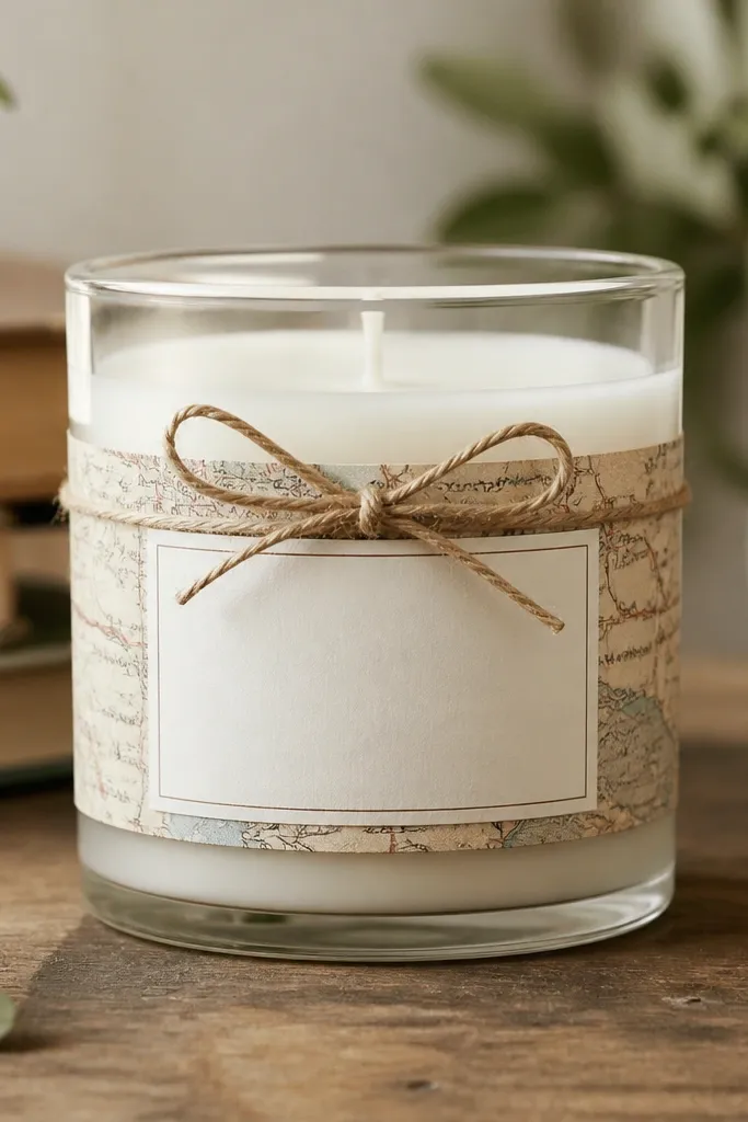 A glass candle jar wrapped with a narrow strip of printed map paper, a centered typed label, and a simple twine bow; the label edges look crisp and sealed.