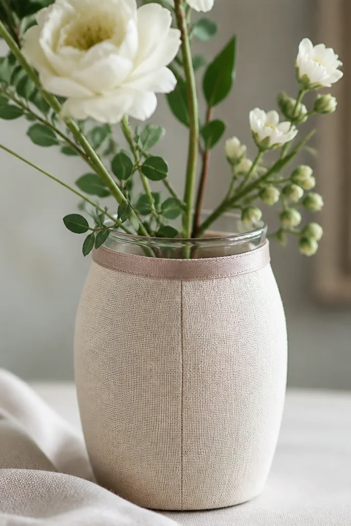 A small glass vase wrapped in fabric with sharp seam alignment, fabric edges trimmed neatly, and a thin strip of ribbon around the top rim.