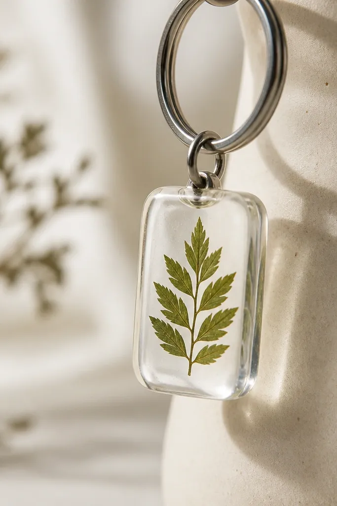 A small clear resin charm shaped like a rounded rectangle with a pressed leaf inside, suspended from a metal key ring; the edges are smooth and glossy.