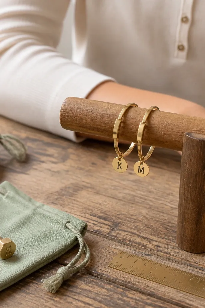 Two thin metal bangles or adjustable bracelets stacked together, each with a stamped initial and a small charm; a magnetic clasp is visible and centered.