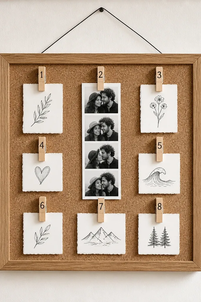 A small corkboard with a grid layout, numbered mini clothespins holding handwritten notes, and a centered photo strip; the board has clean edges and a hanging wire.