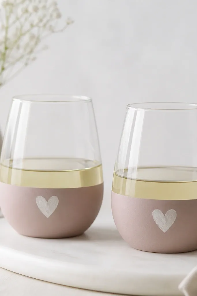 Two wine glasses with a matte painted band near the base, clean straight edges created by masking tape, and a small painted heart on the side.