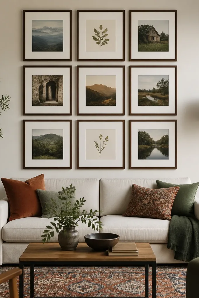 Nine framed prints arranged in a 3x3 grid above a sofa