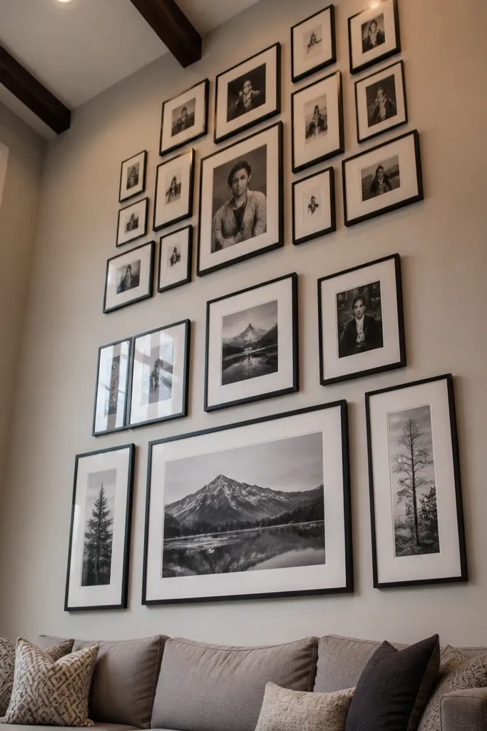 Mixed frame sizes grouped in a clustered salon layout above a couch