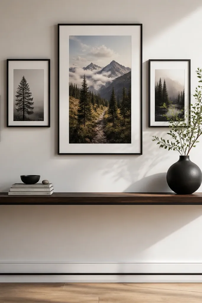 Frames stacked vertically above a narrow console table