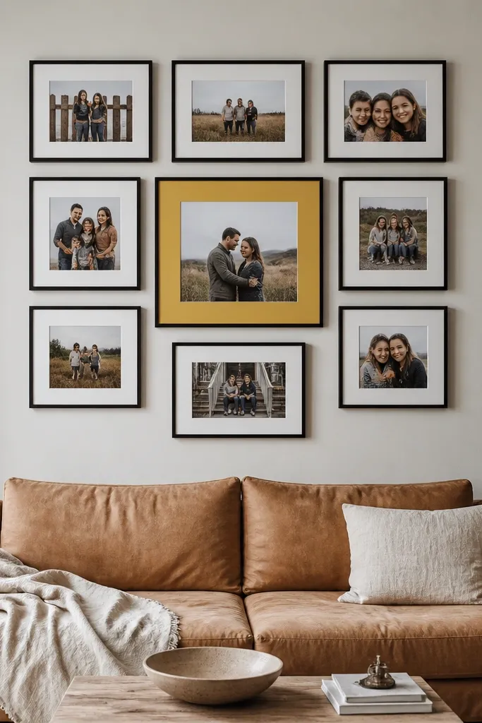 Family photos in frames with one bold colored mat among neutrals