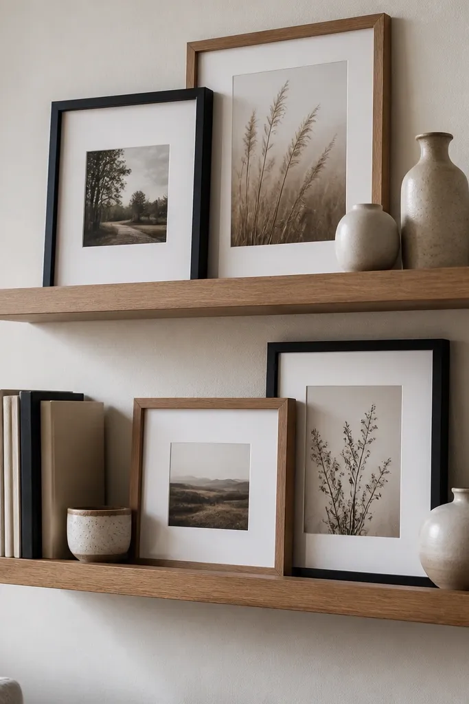 Small frames and decor arranged on floating shelves with a wall behind