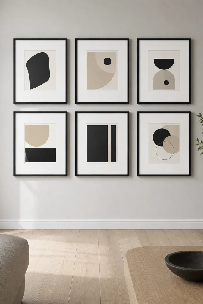 All-black frames with white mats in a neat grid above a sofa