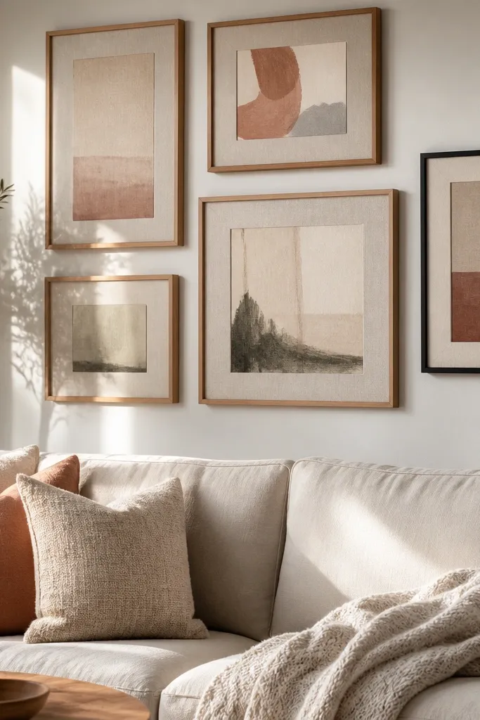 Warm wood frames with linen-style prints and one black framed piece