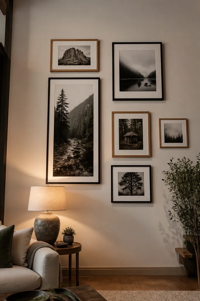 Asymmetrical gallery wall with more frames on the right side