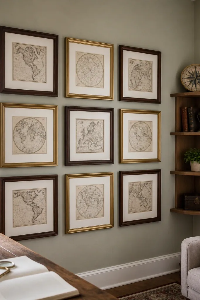 Vintage map prints arranged tightly in a corner gallery
