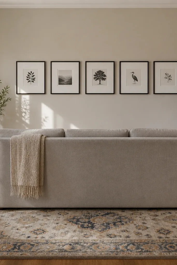 Five frames in a single horizontal strip above a sofa
