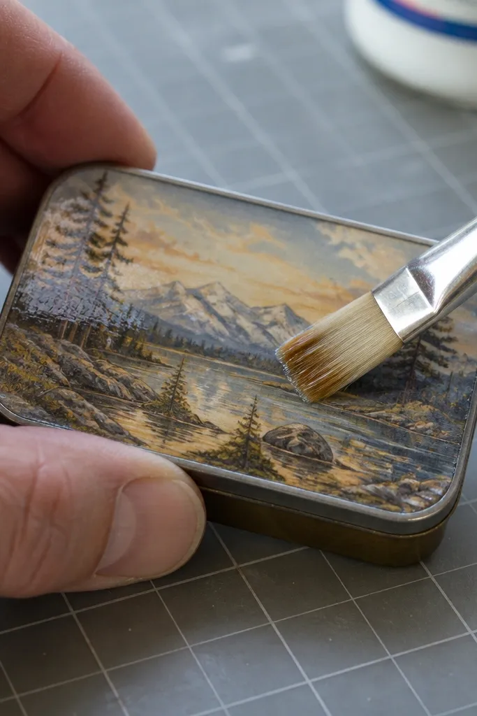 Altoids tin lid with a clear glossy sealer layer over a collage