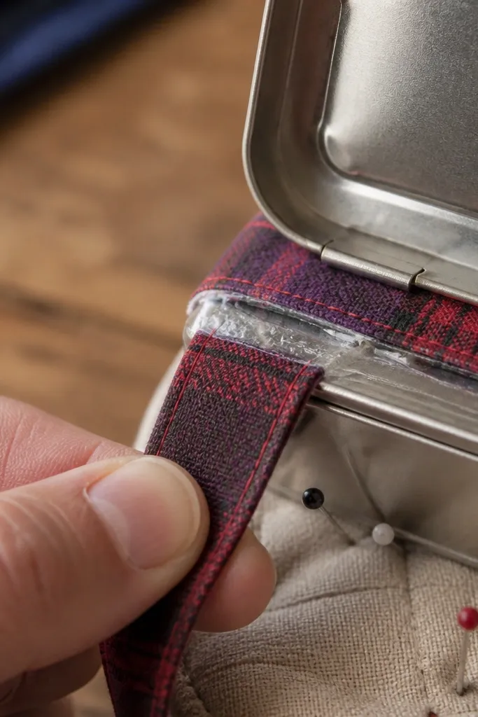 Clear flexible seal on fabric edges inside an Altoids tin