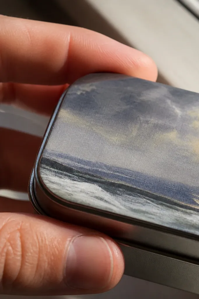 Layered paper adhered to tin then sealed with clear top coat